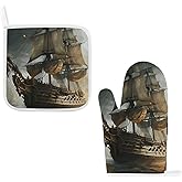 Cool Pirate Ship Oven Mitts and Pot Holders Non-Slip Oven Gloves for Cooking Baking Kitchen Glove Sets Heat Resistant Pot Holders