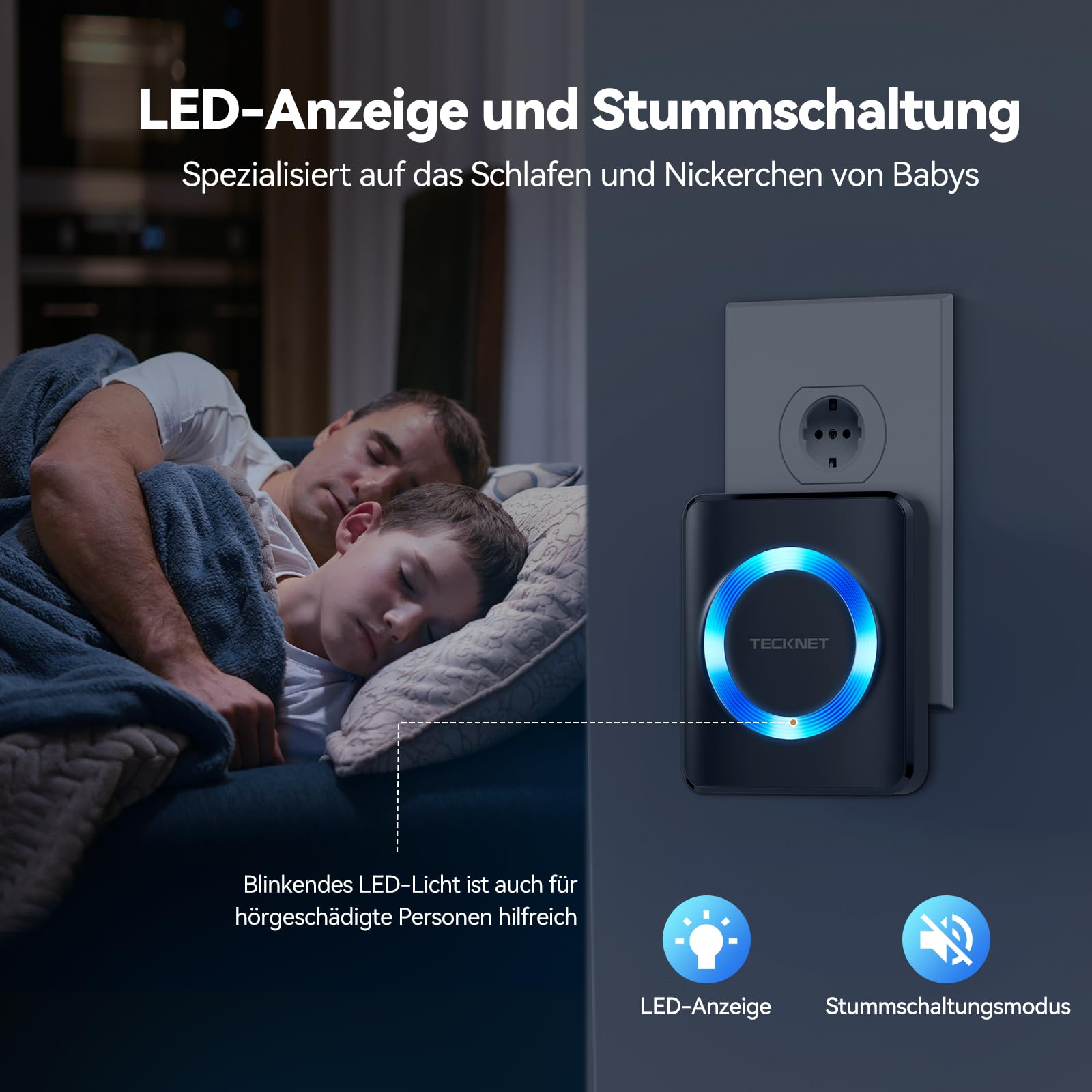 TECKNET Funkklingel, IP65 Funk klingel Set Aussen Wasserdicht, Kabellose Türklingel 400m Reichweite, Haustür Klingel kit mit 1 Plug-In-Empfänger und 1 Sender, 60 Melodien doorbell Mit LED-Blitz 5