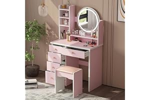 AGOTENI Makeup Vanity Set Dresser Desk with 5 Drawer and Light Shelf Round Mirror with Touch Screen and Vanity Set with Cushioned Stool for Bedroom, Pink