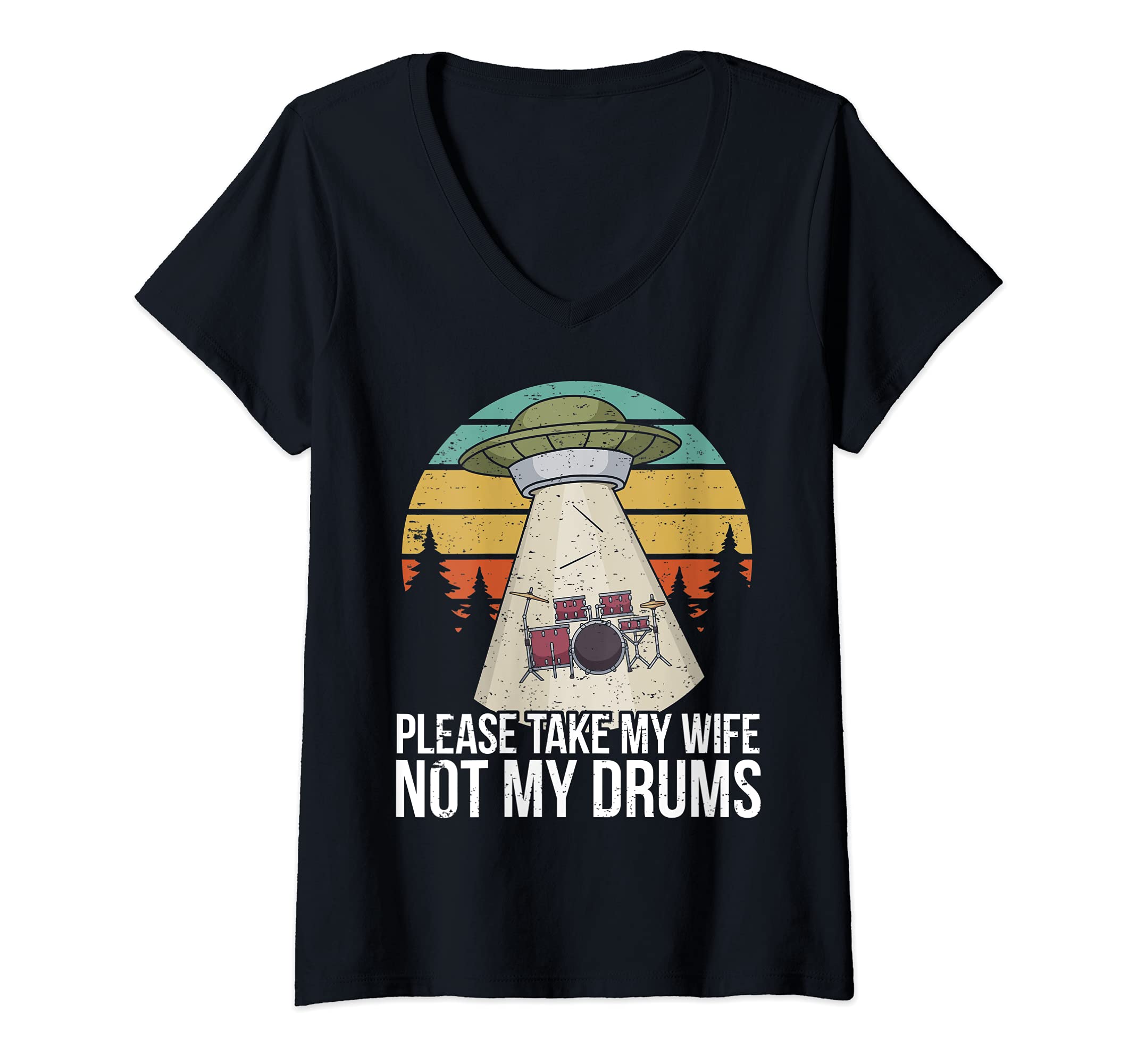 Womens Funny Drummer Drumming Drum Kit Percussion I Wife Ufo Aliens V-Neck T-Shirt