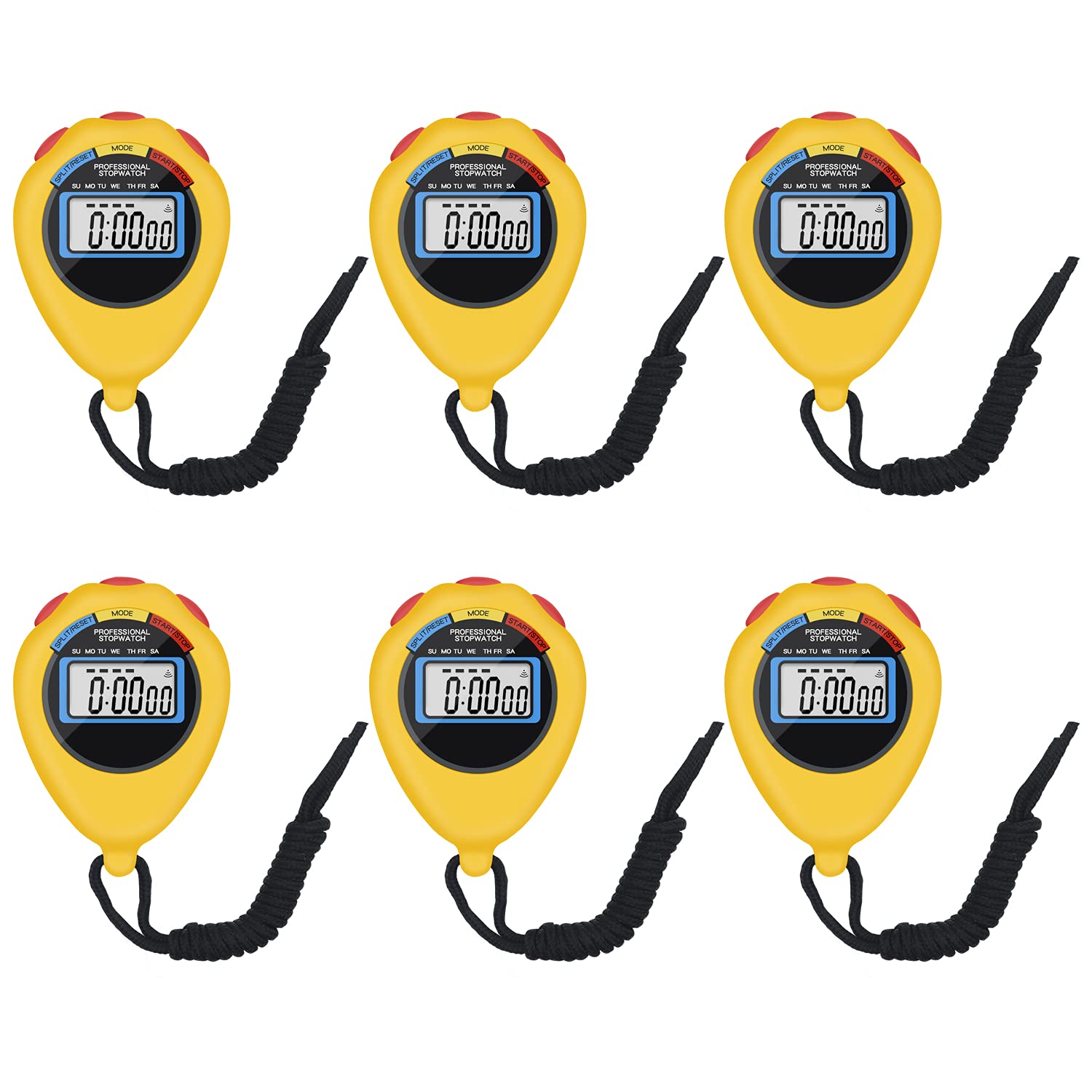 Photo 1 of 6 Pack Multi-Function Electronic Digital Sport Stopwatch Timer, Large Display with Date Time and Alarm Function,Suitable for Sports Coaches Fitness Coaches and Referees (Yellow)
