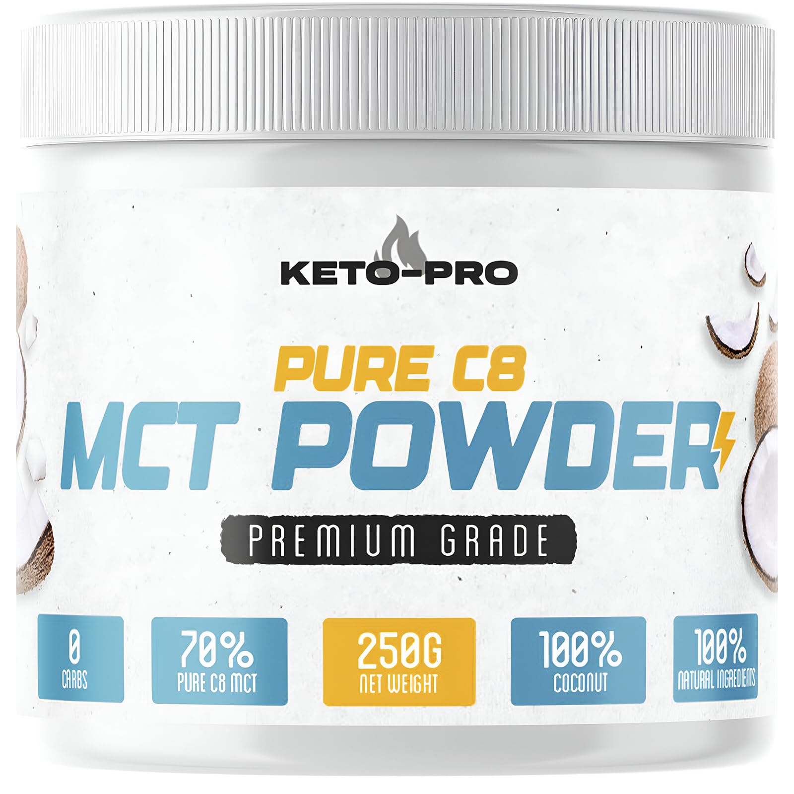 Keto-Pro MCT Powder 250g | Most Ketogenic of All MCT's | Purest, Premium C8 Keto Creamer Ideal in Coffee | Suitable for Paleo & Vegan Diets | Gluten & Palm Oil Free | Pure Caprylic Acid