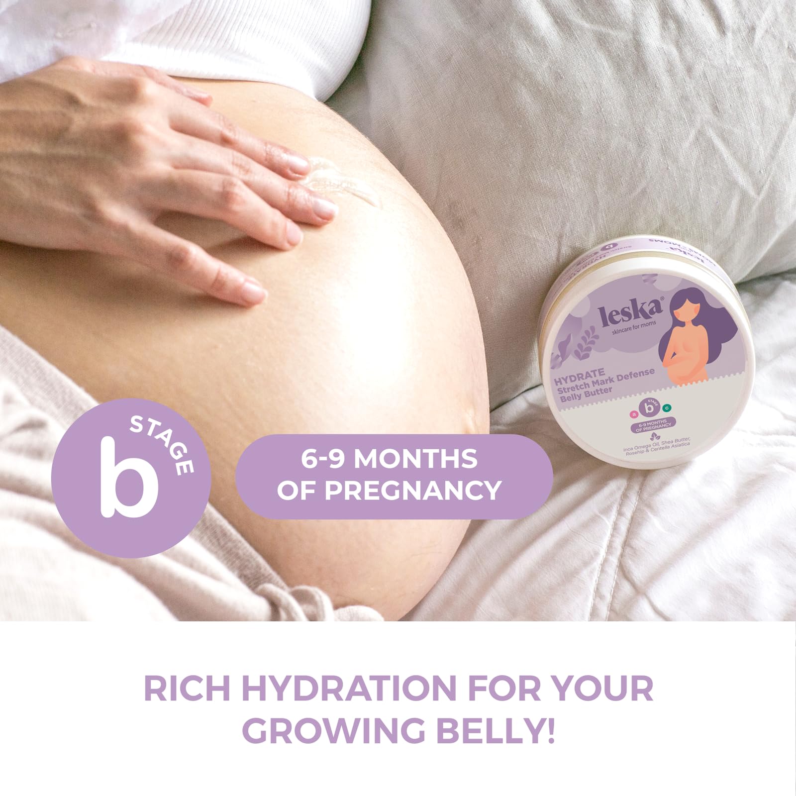 Leska Maternity Stretch Mark Belly Butter | STAGE B: HYDRATE Stretch Mark Defense Belly Butter (Pregnancy Months 6-9) | Part of a Complete 3 Part Pregnancy Skin Care System | New Mom Gifts (4.93oz)