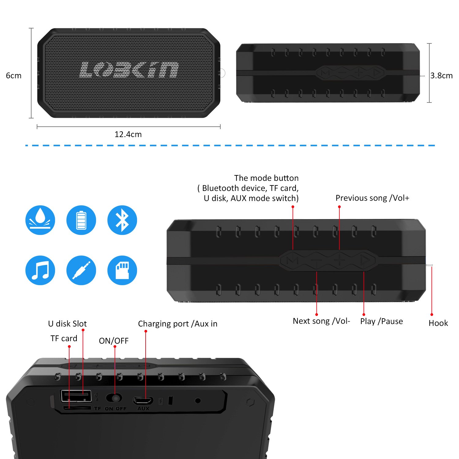 LOBKIN Bluetooth Tragbare Lautsprecher Wasserdicht Speaker Stoßfest Boxen Wireless Stereo Boombox mit eingebautem Mikrofon Kabelloser Musikbox mit 8-Stunden Spielzeit und TF Karte