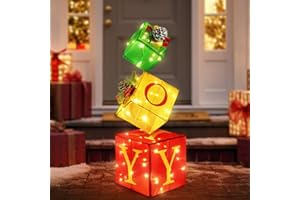 COVFEVER Christmas Joy Lighted Gift Boxes Decorations Set of 3, 2.6Ft Stackable Christmas Nesting Boxes Battery Operated for Home and Party Decoration