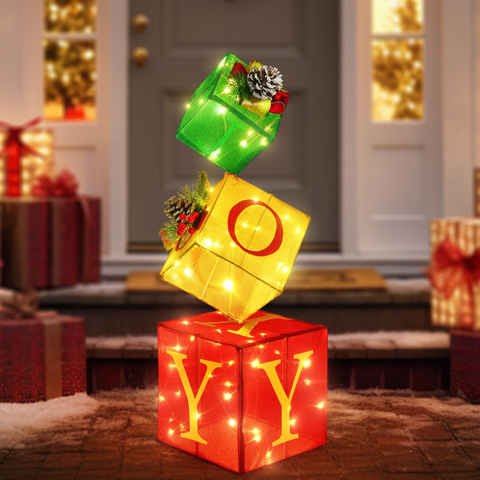 Photo 1 of COVFEVER Christmas Joy Lighted Gift Boxes Decorations Set of 3, 2.6Ft Stackable Christmas Nesting Boxes Battery Operated for Home and Party Decoration