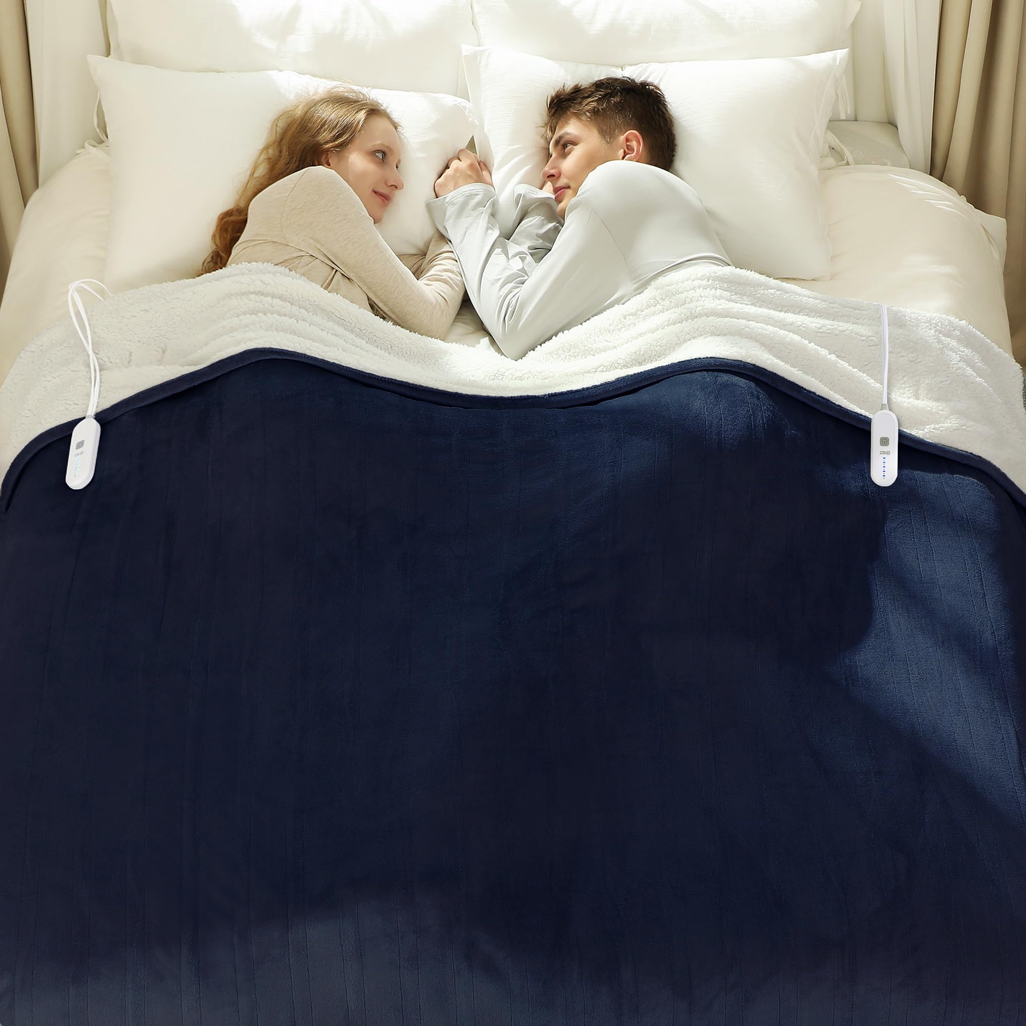 Photo 1 of VELLUBAM Queen Size Heated Blanket 84" x 90" - Flannel Sherpa Electric Blanket Queen with Dual Control, 5 Heating Levels & 10 Hours Auto Off, Heating Blanket with Overheat Protection for Home (Navy)