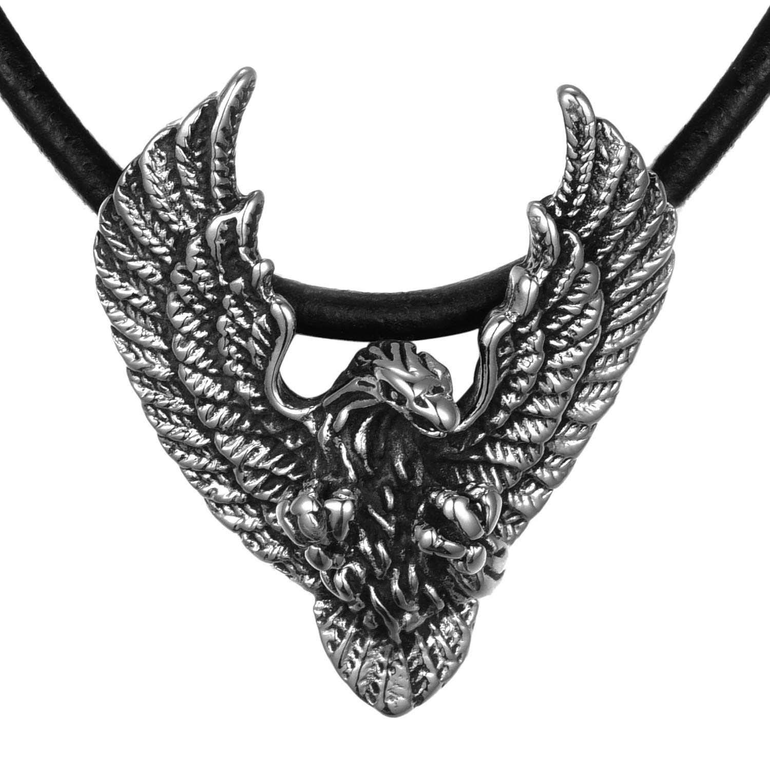 DonDon Men's Leather Necklace 19.69 inch - 50 cm Stainless Steel Eagle Pendant in Jewellery Pouch