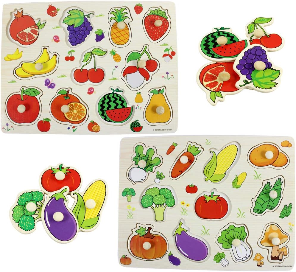 Hillento Wooden Pegged Puzzles, Children Wooden Jigsaw Pegged Puzzle, Learning Preschool Early Education Toys and Games for Kids, Set of 2, Vegetables and Fruit