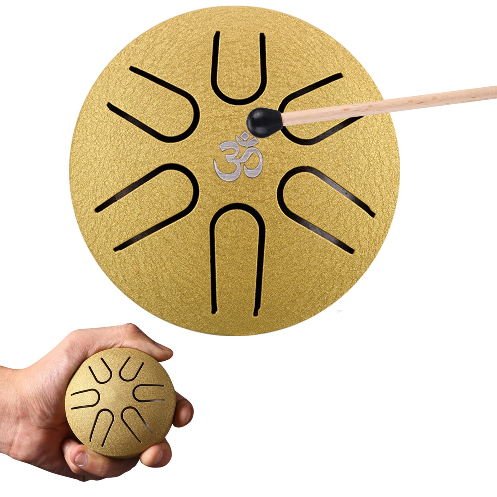 Aedcbaide Buddha Stones Mini Steel Tongue Drum 3 Inch (8 cm) 6 Note with Drumstick, Music Book, Mallet, Steel Drum Balmy Drum UK for Musical Education Concert Yoga Beginners Adult Kids (gold)