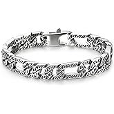 COOLSTEELANDBEYOND Mens Stainless Steel Cuban Curb Chain Bracelet, Vintage Fancy Tribal Tattoo Pattern with Spring Box Clasp