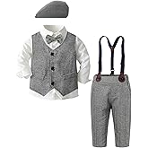 SANGTREE Boys Kids Little Boy Formal Suits Clothes Set, Shirt with Bow Tie Beret Hat Suspender Pants Sets, 3 Months - 9 Years