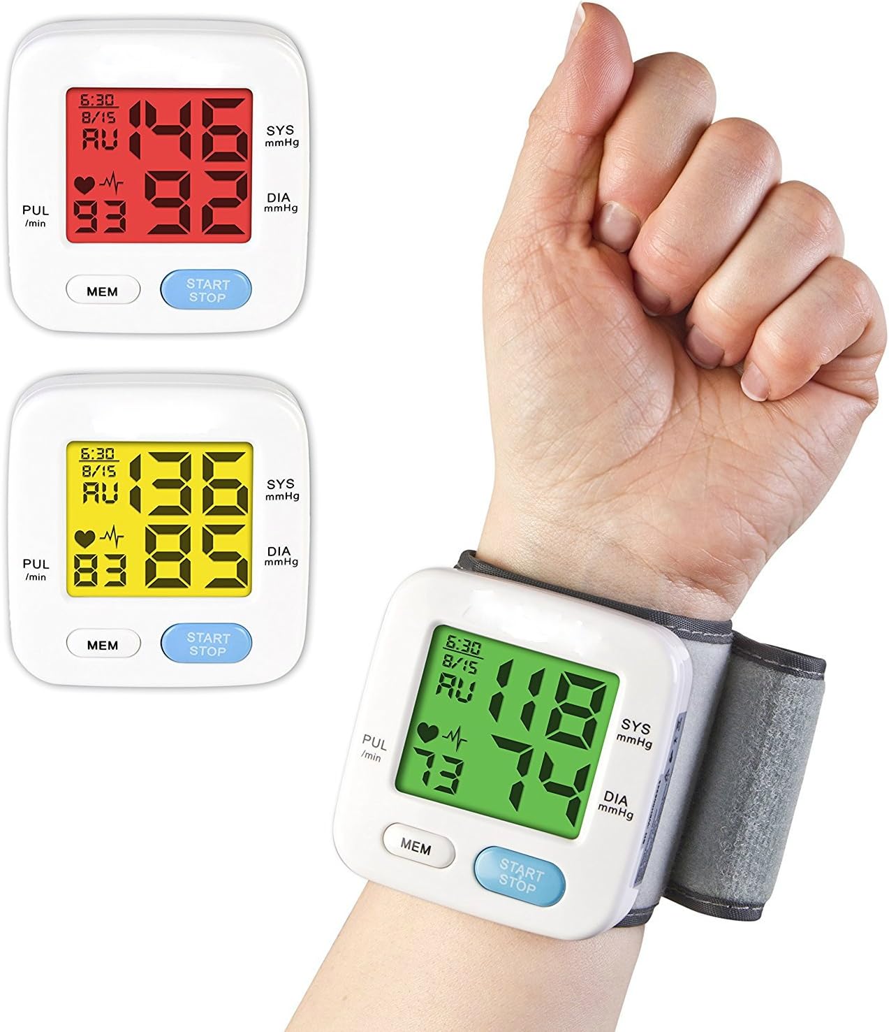 BodyHealt Wrist Blood Pressure Cuff Monitor - Fully Automatic - Color Changing - 2" LCD - 90 Memory Capacity for 2 Users -