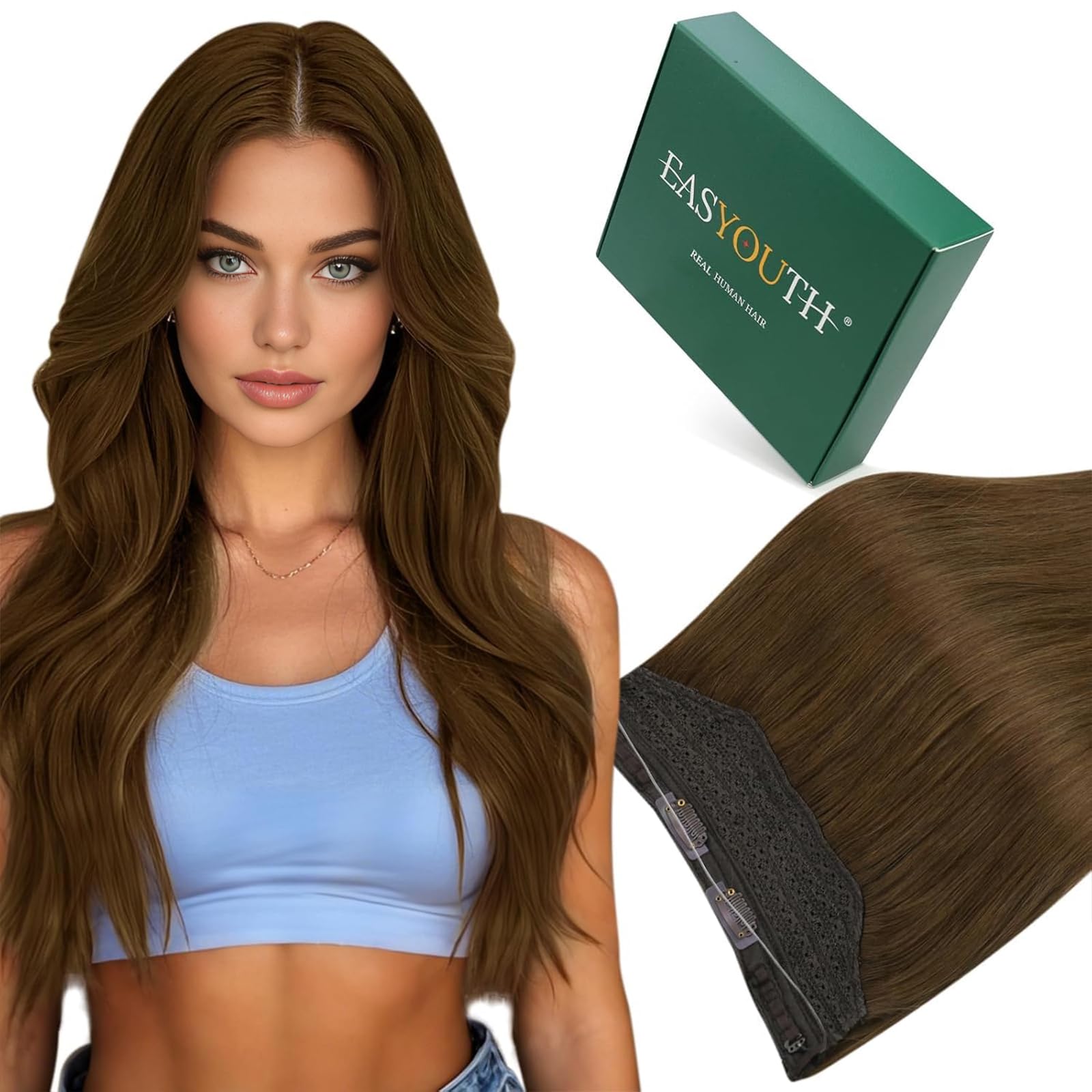 Easyouth Wire Extensions Human Hair Brown Fish Line Hair Extensions Dark Brown Invisible Wire Hair Extensions Real Human Hair Natural Blend 18Inch 80g #4 โ image 1