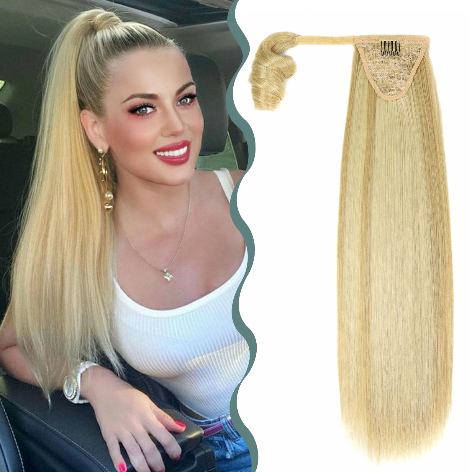 BHF Hair Extensions - Clip In Hair Extensions Wrap Around Ponytail Extension Long Straight Ponytail Hairpiece Fluffy Synthetic Fiber Fake Ponytail for Women （Ash Blonde Highlight Blonde 22'' 130g）