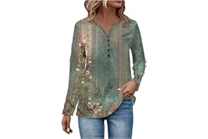 GOFULY Tee Shirts Womens Fall Ethnic Floral Baggy Bohemian Tops Long Sleeve Henley Neck V Neck Button Down Shirts Sweatshirt