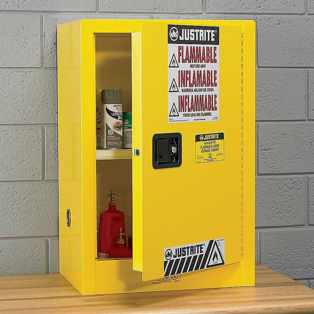 Justrite 890403 Sure-Grip EX Galvanized Steel 1 Door Manual Flammable Countertop Safety Storage Cabinet, 4 Gallon Capacity, 17" Width x 22" Height x 17" Depth, 1 Adjustable Shelfs, Gray