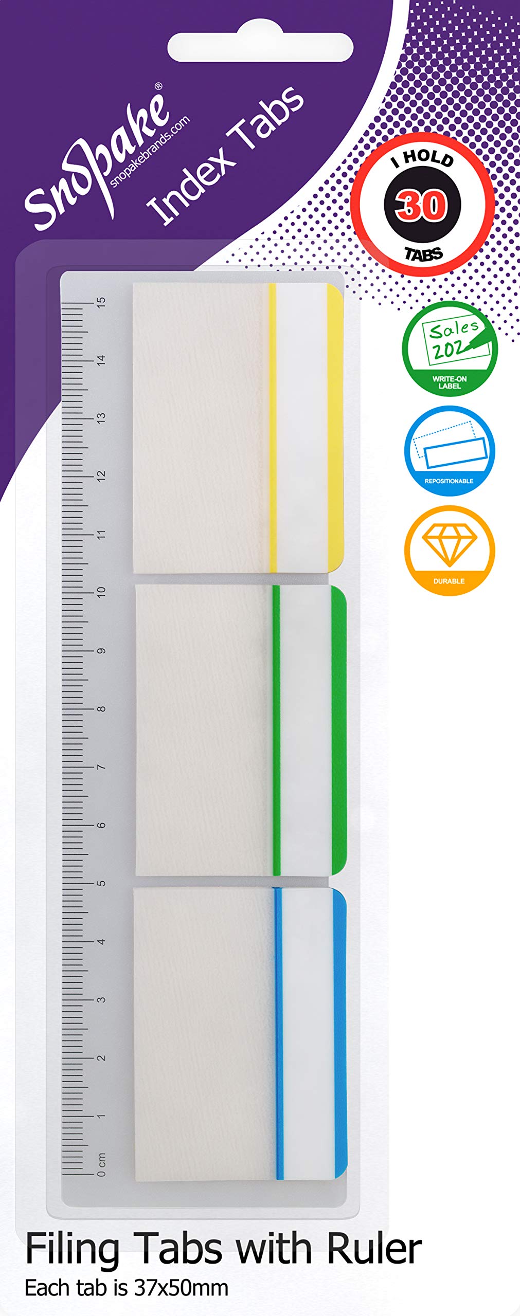 Snopake Extra Thick Repositionable Filing Index Tabs (37x50mm) with Ruler - 30 Tabs [Assorted/Semi-Transparent] 15885