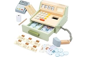 JUGUETELAND Wooden Toy Cash Register for Kids, Pretend Play Money Counting Toy with Scanner and Credit Card Toddlers Cashier Toy Shop Grocery Play Food Accessory Preschool Learning Gift for Boys Girls Ages 3+