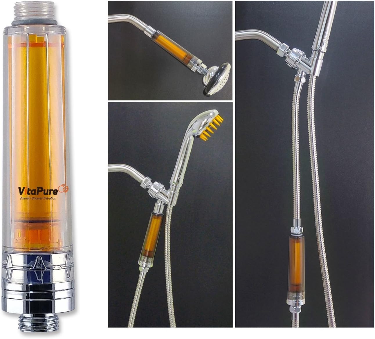 VitaPure Vitamin C Inline Shower Filter by SONAKI, Removes 99.9% Chlorine & Chloramine, for Healthy Skin & Hair. for Hand Held or Wall Mount Shower Heads, Includes 3 Extra Refill Cartridges