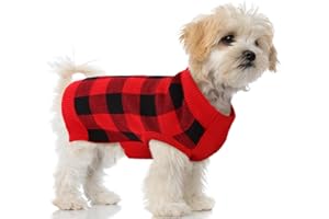 PUMYPOREITY Classic Plaid Dog Sweater with Leash Hole, Warm Stretchy Knitwear for Small Medium Dog, Soft Jacquard Knit Pullover with Elastic High Collar for Spring Fall Winter Christmas Cold Weather