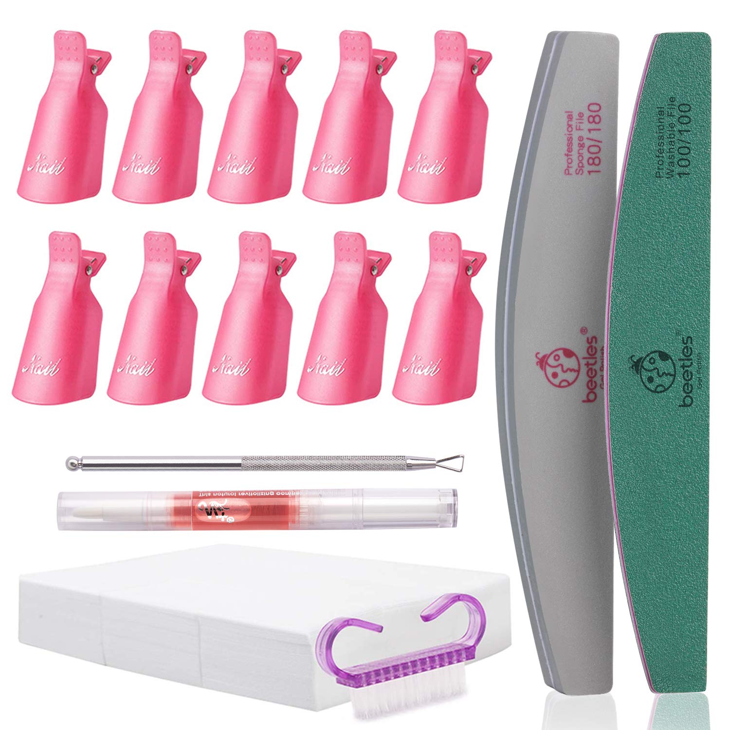 Nail Polish Remover Kit - Beetles Gel Nail Polish Remover with 450Pcs Lint Free Nail Wipes/10 Pcs Nail Polish Remover Clips/Cuticle Oil/Cuticle Pusher/Nail File for Fingernail and Toenail : Beauty