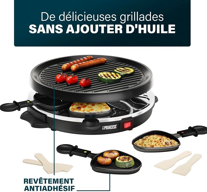 Raclette pour 6 personnes avec plaque de grill ronde amovible – Surface antiadhésive, cuisson saine sans matière grasse, idéale pour viande, poisson et légumes