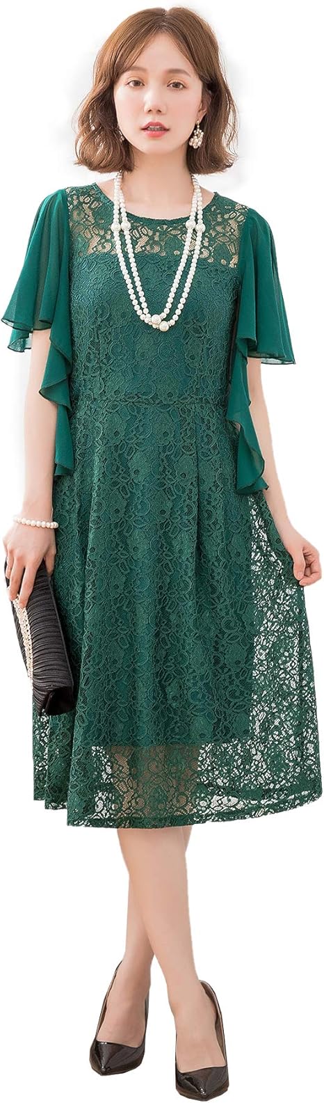 Amazon Dressstar 結婚式 ワンピース パーティードレス 大きいサイズ フォーマルドレス 袖あり お呼ばれ ミモレ丈 ひざ丈 袖リボン 2way 袖 レース シフォン イブニングドレス 通販