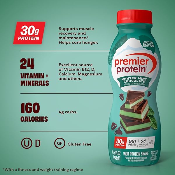 PREMIER PROTEIN SHAKE, LIMITED EDITION, WINTER MINT CHOCOLATE, 30G PROTEIN, NO ADDED SUGAR, 24 VITAMINS & MINERALS TO SUPPORT IMMUNE HEALTH, 11.5 FL OZ, 12 PACK