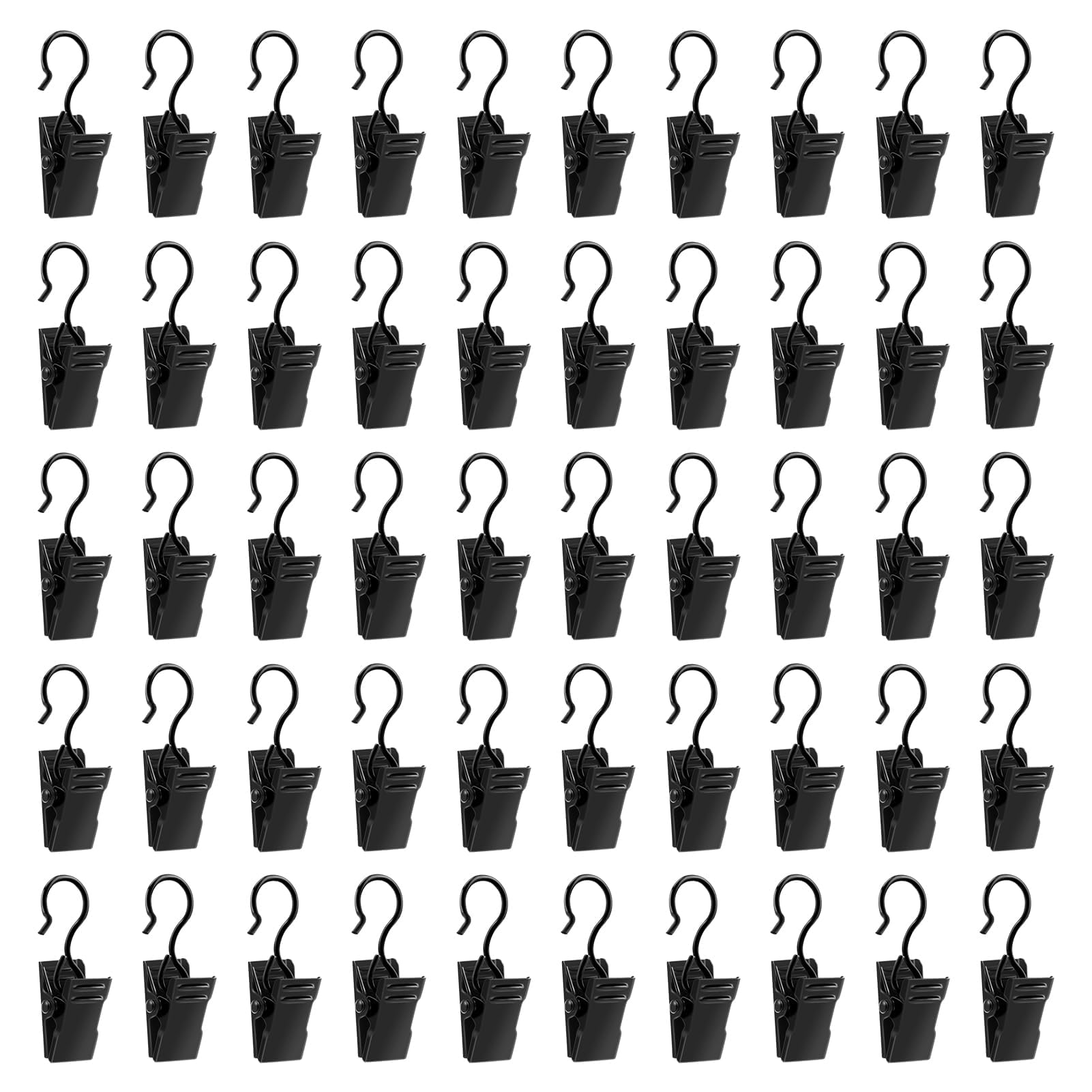 ALLisWE 50PCS Stainless Steel Curtain Hooks, Heavy-Duty Hook Clip Set, Light Hangers Wire Holders for Home Decorations, Bathroom, Shower Curtains, Photo Decors (Black)