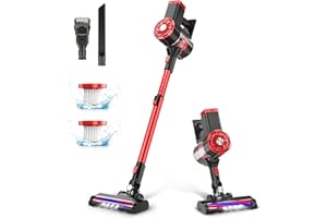 PRETTYCARELIFE Cordless Vacuum Cleaner, Powerful Suction Stick Vacuum with 35min Long Runtime Detachable Battery, 6 in 1 Lightweight Quiet Vacuum Cleaner Perfect for Hardwood Floor & Carpet Pet Hair, W100 (Red)