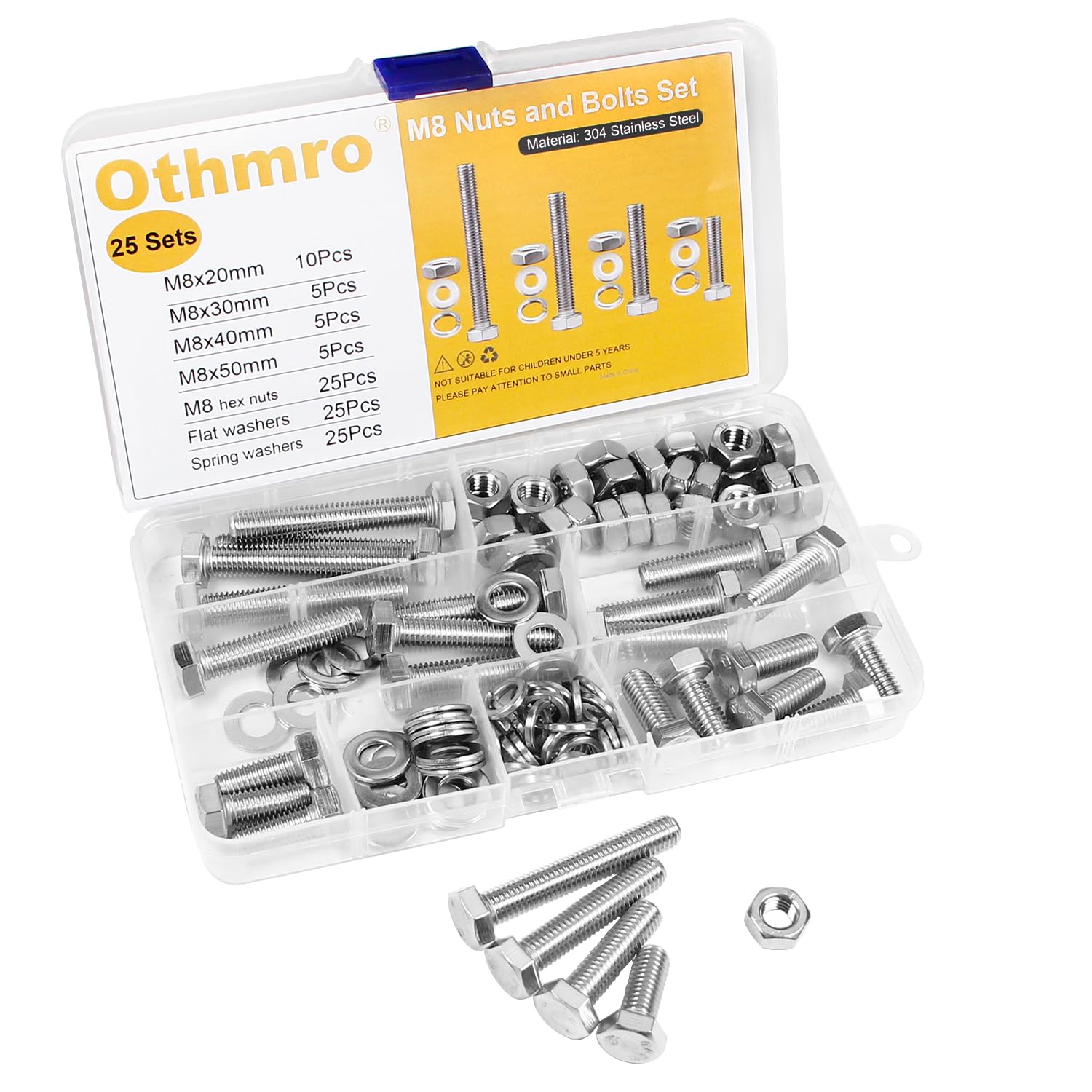 M8-1.25 Motorcycle Bolts Set, 8mm Hex Bolts Sets with Washers Stainless Steel Machine Screws Assorted, Fully Threaded 20mm 30mm 40mm 50mm Bolts with Plastic Case Replacement Bolts