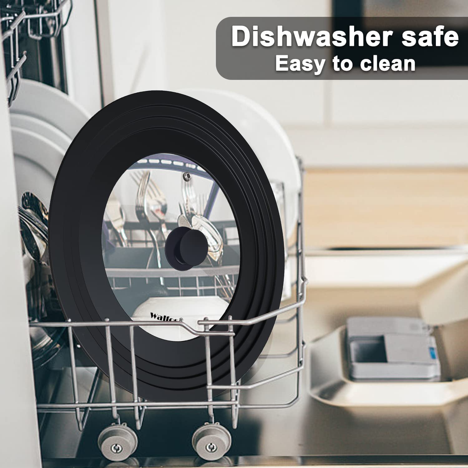 Walfos Universal Pan Lid - Pot Lid for Pots, Pans and Skillets, with Unique Enlarged Heat Resistant Silicone Rim and Tempered Glass, Fits 8