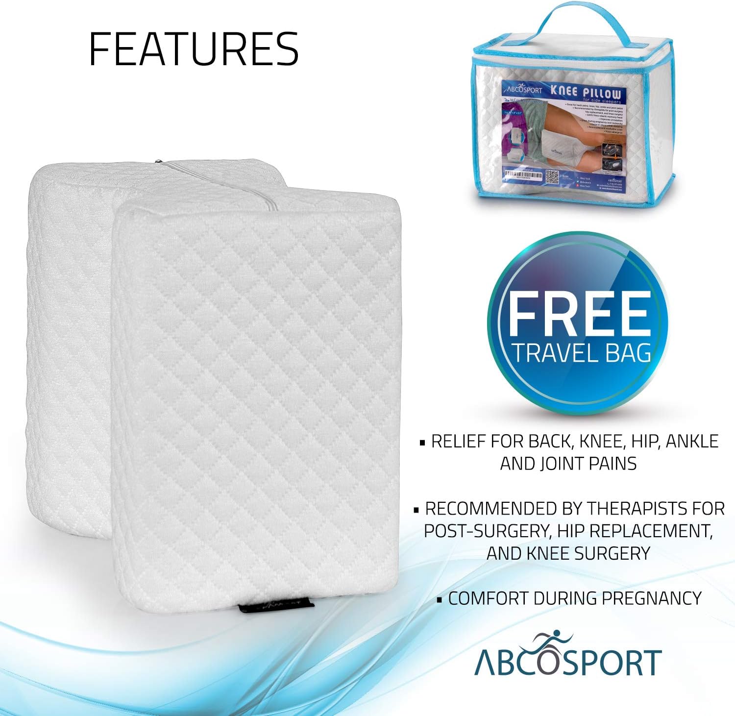 Abco Tech Memory Foam Knee Pillow for Side Sleepers– Back Pain, Pregnancy, Leg Pain, Hip Pain and Sciatica Relief - Leg Pillow Wedge with Washable Cover and Bag: Home & Kitchen