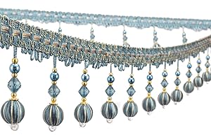 Yalulu 4 Yard Beaded Pendant Hanging Ball Tassel Fringe Trim Macrame for Curtain Tablecloth Home Decoration (Grey-Blue)