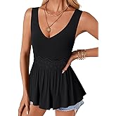LYANER Women's V Neck Sleeveless Lace Ruched Ruffle Peplum Flowy Dressy Casual Tank Top