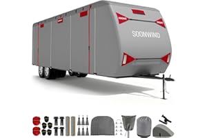 SOONWIND Heavy Duty 7 Layers RV Cover, Camper Cover & Travel Trailer Cover 18-20ft, Waterproof Windproof All-Weather Protection with Tongue Jack Cover, Gutter Covers & Reinforced Straps - Red