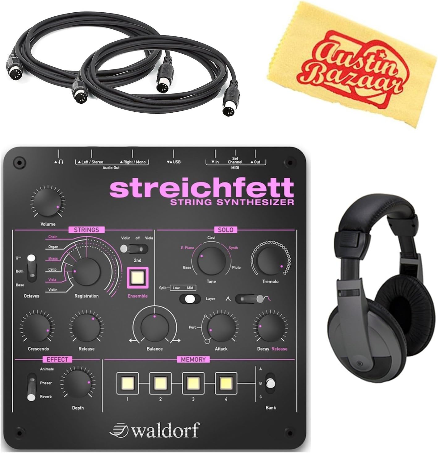 Waldorf Streichfett String Synthesizer Bundle with Headphones, MIDI Cable, and Austin Bazaar Polishing Cloth