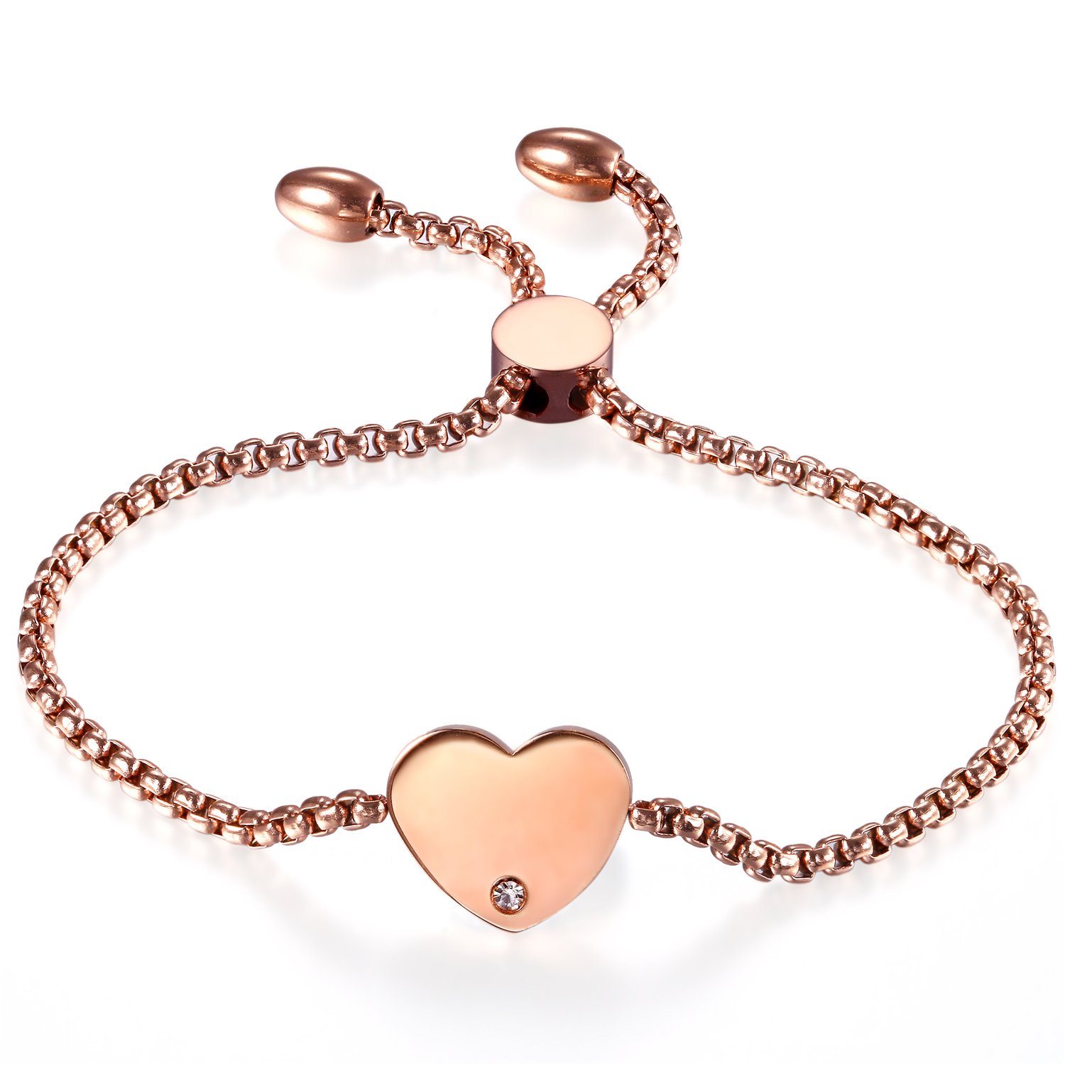 Cupimatch Women Adjustable Bracelet, Stainless Steel Charm Bracelet Link Chain 8.8" (rosegold, heart)