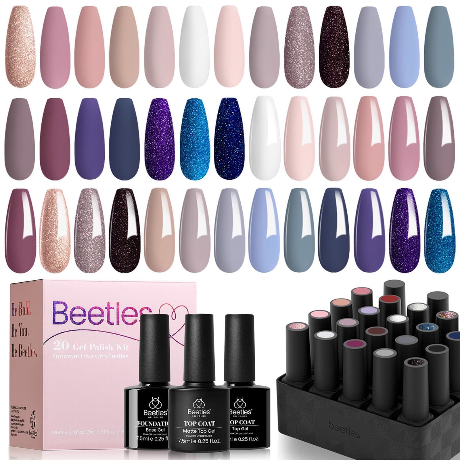 Beetles Gel Nail Polishes- 20 Pcs Gel Nail Polish Set Girls Night Soak Off Nail Gel Polish Nude Gray Pink Blue Glitter Black Starter Kit Coat Base Coat Beauty Gifts โ image 1