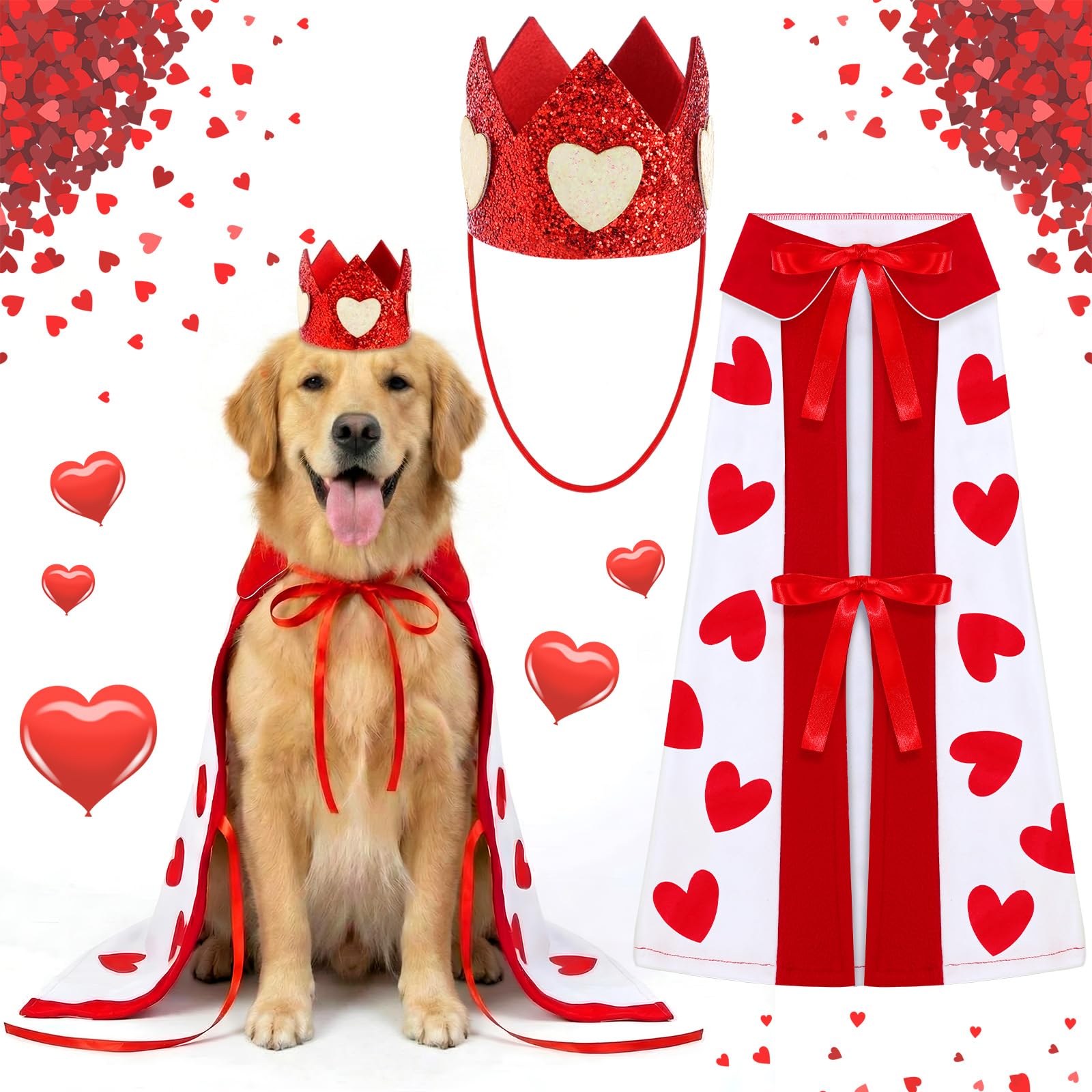 Photo 1 of Hillban Valentine's Day Dog Costume Heart Crown and Cape Cover Set Dog Queen Valentines Outfit Heart Cape Hat for Small, Medium, Large Dogs and Pets(L)