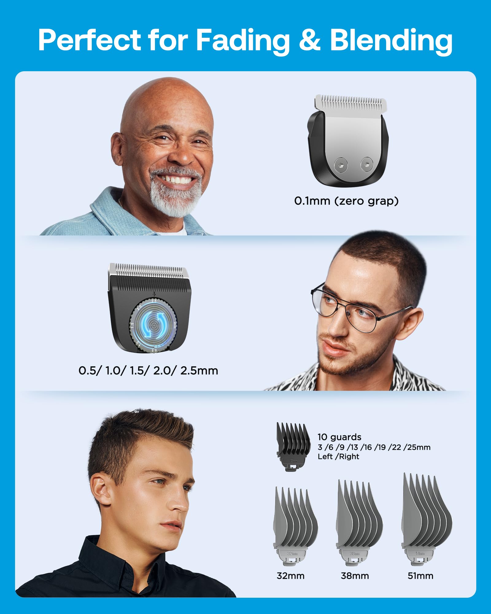 GLAKER Hair Clippers for Men - Cordless 3 in 1 Versatile Hair Trimmer with Extra Long Guards, Detachable Blade & Storage Bag, Complete Mens Grooming Kits, Ideal Gifts for Men