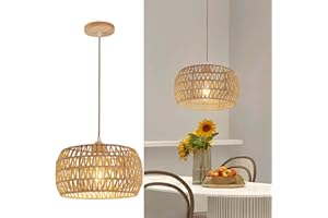 OCWHT Rattan Pendant Light Fixture Ceiling Bohemian Chandelier Flush Mount Hanging Light 12.99-inch Small Woven Lamp Shade Wooden Base Basket for Kitchen Island Hallway Bedroom Dinning Table