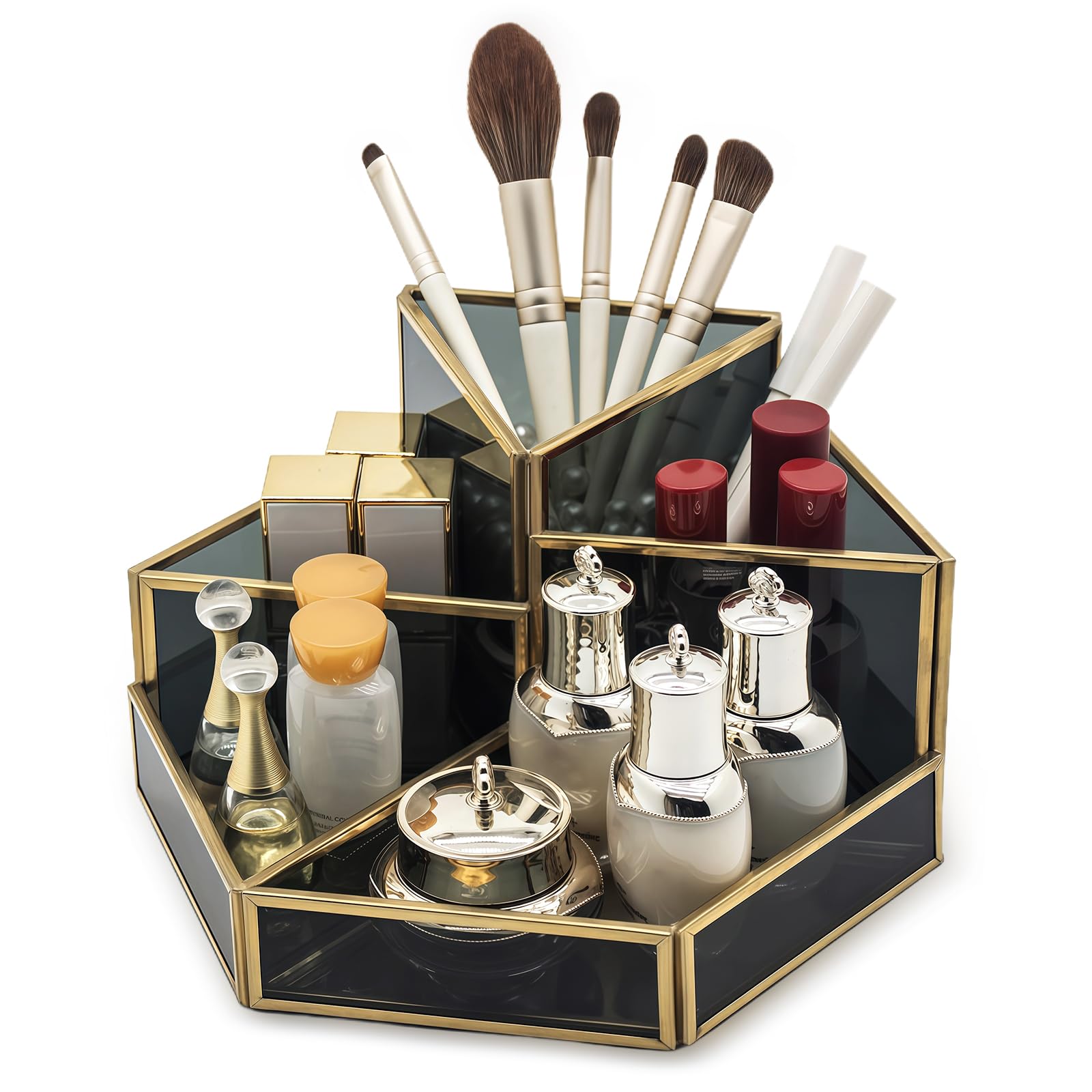 SLHEQING Makeup Organiser, Cosmetics Organiser Vintage Makeup Brush Holder, Glass Skincare Organiser, Black Dressing Table Organiser