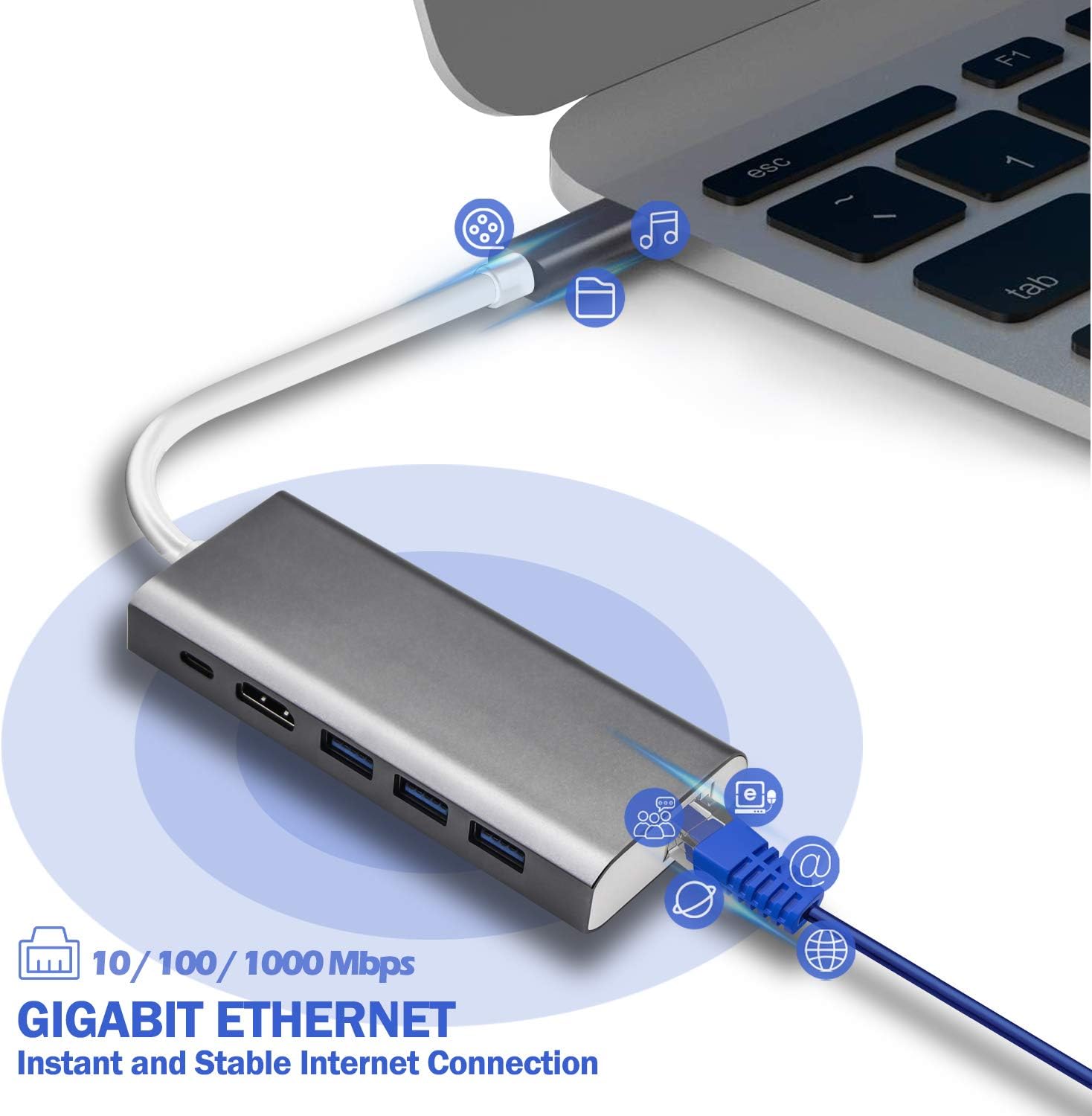 USB C Hub, Aluminum Dongle 6 -in- 1 Adapter, with Gigabit Ethernet Port, 4K HDMI, USB C PD Charging Port, 3 USB 3.0 Ports, for MacBook Air/Pro, Chromebook, and Other Type C Devices: Computers & Accessories