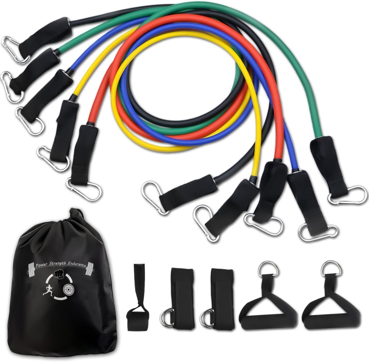 Power Strength Endurance 11 Piece Resistance Band Set with Handles, Door Anchor, Ankle Straps, and Resistance Bands
