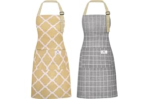 Riqiaqia 2 Pieces Aprons for Women with Pockets, Cotton Linen Waterproof Kitchen Cooking Aprons, Chef Apronfor Men Women with Adjustable Neck Strap and Long Ties(Yellowy/Grey)
