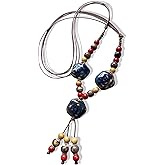 Fuvirou Boho Hippie Colorful Chunky Ceramic Beads Strand Necklace for Women, Vintage Bohemian O Ring Circle Charm Long Y Necklace Statement Jewelry Gift