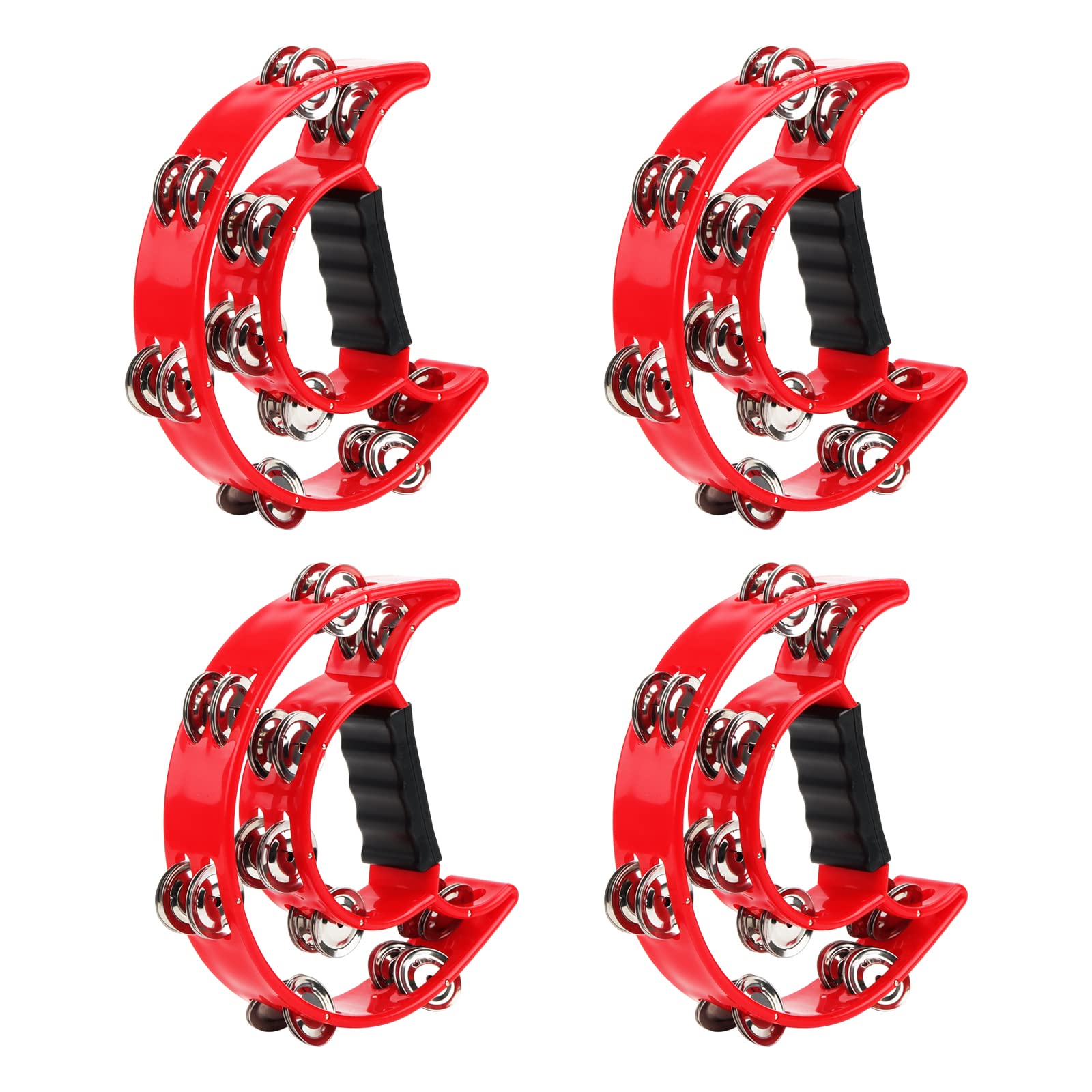 JOIKIT 4 PCS 230 x 200 x 48mm Double Row Tambourine, Red Half Moon Tambourine with Double Row Metal Jingles, Hand Held Tambourines for Musicians Singers Bands