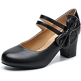 fereshte Women's Mary Jane Pumps with Bow, Round Closed Toe, Double Strap Chunky Heel Shoes